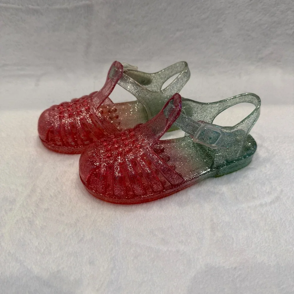 Girls Pink Green Ombre Glitter‎ Jelly Sandals Fisherman Cage Shoes Size 6